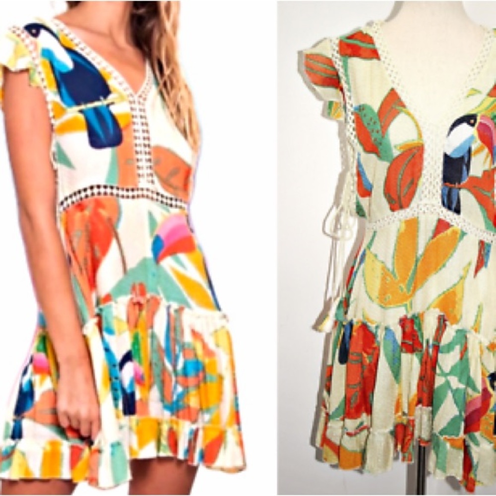 Z&L Europe Tassel Toucan Print Mini Dress Cover Up